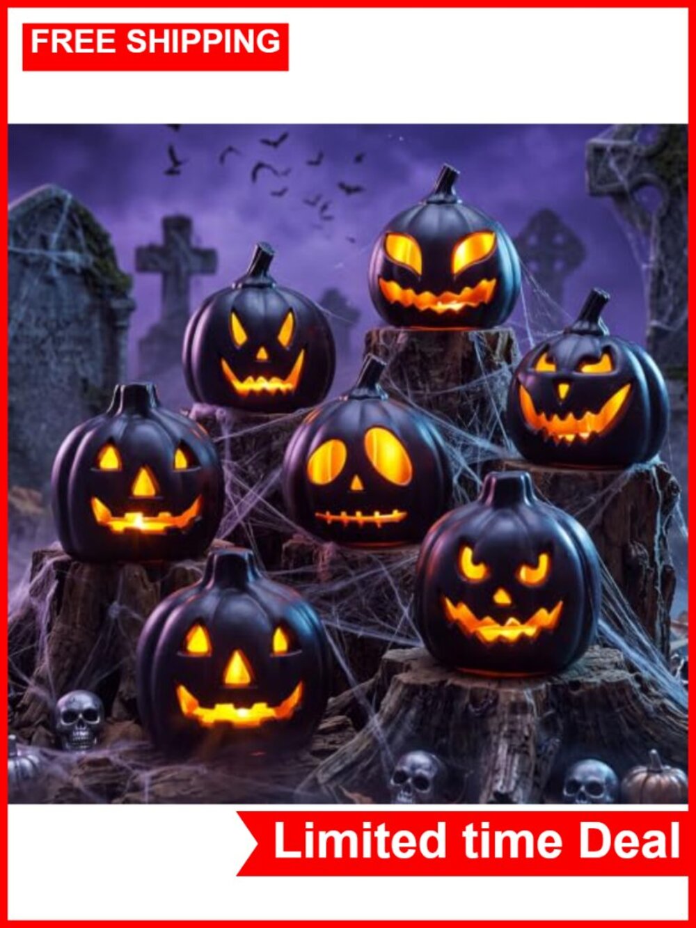6-Pack LED Lighted Halloween Pumpkins for Outdoor Decor, Glowing Plastic